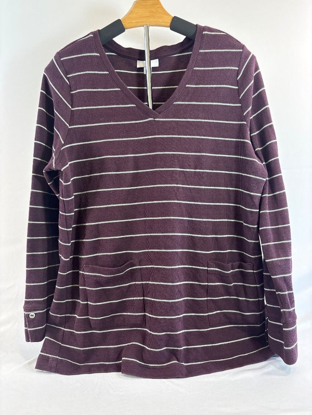 J.‎ Jill Striped V-Neck Long Sleeve Top Purple White Medium Classic Pullover